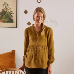 Blouse Gaze De Coton De Grossesse Et D'allaitement Kaki - Vertbaudet