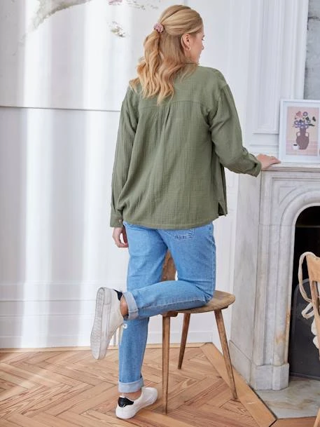 Chemise Gaze De Coton Grossesse Et Allaitement Olive - Vertbaudet 3 Chemise Gaze De Coton Grossesse Et Allaitement Olive - Vertbaudet – Image 3