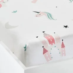 Drap-housse Fille LICORNES MAGIQUES Blanc Imprimé - Vertbaudet