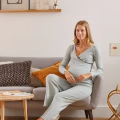 Ensemble 2 Pièces Pyjama Grossesse Et Allaitement Gris Clair Uni - Vertbaudet