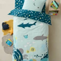 Parure Housse De Couette + Taie D'oreiller Enfant FONDS MARINS Bleu - Vertbaudet