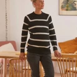 Pull Maille Perlée Grossesse Et Allaitement Rayé Noir Et Beige - Vertbaudet