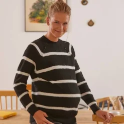Pull Maille Perlée Grossesse Et Allaitement Rayé Noir Et Beige - Vertbaudet -Vertbaudet shop pull maille perlee grossesse et allaitement 5