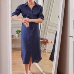 Robe-chemise Longue Gaze De Coton Grossesse Et Allaitement Olive - Vertbaudet