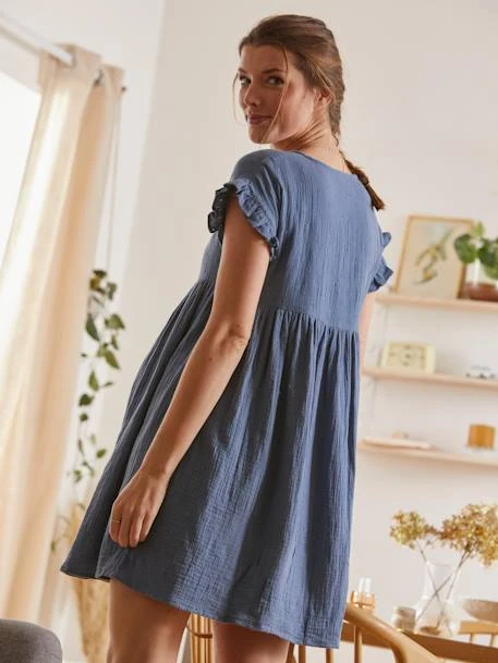 Robe Courte En Gaze De Coton Grossesse Et Allaitement Bleu - Vertbaudet 4 Robe Courte En Gaze De Coton Grossesse Et Allaitement Bleu - Vertbaudet – Image 4