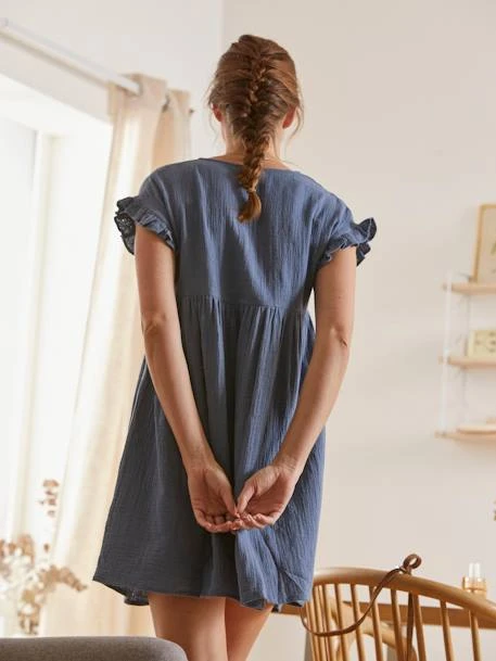 Robe Courte En Gaze De Coton Grossesse Et Allaitement Bleu - Vertbaudet 5 Robe Courte En Gaze De Coton Grossesse Et Allaitement Bleu - Vertbaudet – Image 5