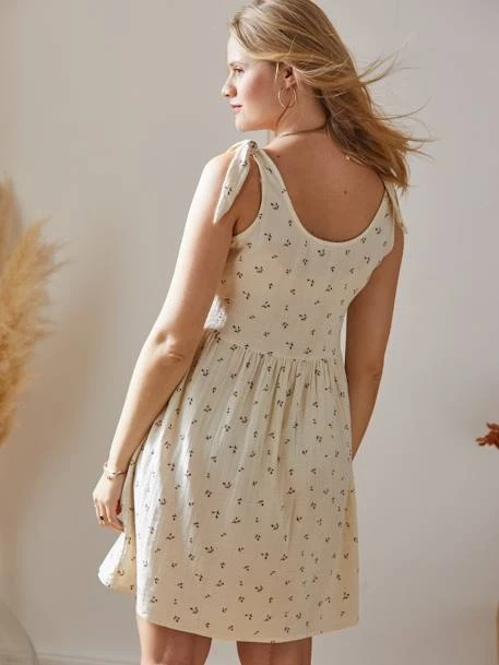Robe Courte Gaze De Coton Grossesse Et Allaitement Beige Imprimé - Vertbaudet 3 Robe Courte Gaze De Coton Grossesse Et Allaitement Beige Imprimé - Vertbaudet – Image 3