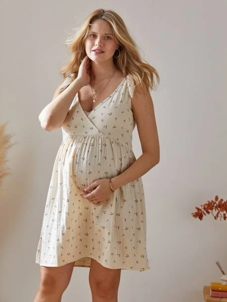Robe Courte Gaze De Coton Grossesse Et Allaitement Beige Imprimé - Vertbaudet 4 Robe Courte Gaze De Coton Grossesse Et Allaitement Beige Imprimé - Vertbaudet – Image 4