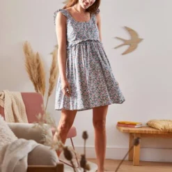 Robe Courte Voile De Coton Grossesse Et Allaitement Vert Imprimé - Vertbaudet