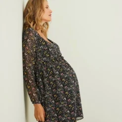 Robe De Maternité En Crêpe Imprimé Noir Imprimé - Vertbaudet -Vertbaudet shop robe de maternite en crepe imprime 3
