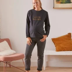 Sweat Molleton à Message Grossesse Et Allaitement Noir Imprimé Léopard - Vertbaudet