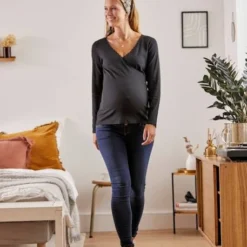 Tee-shirt Col V Croisé Grossesse Et Allaitement Gris Anthracite - Vertbaudet